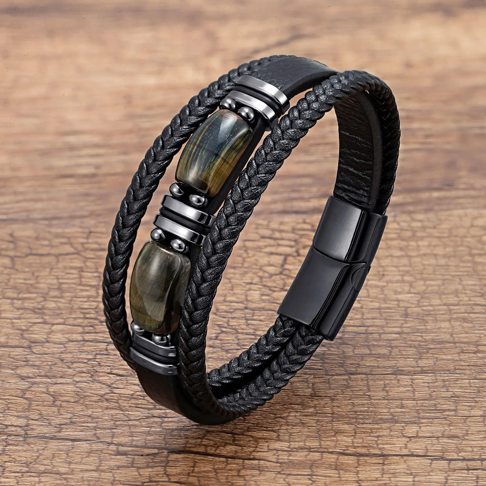 

New design High Quality Custom Logo Stainless Steel Magnet Clasp Tiger Eye Stone Vintage Genuine Leather Bracelet Men SL-288