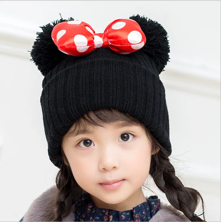 

Autumn Winter Knitted Warm Beanie Kids Cute Dot Big Bowknot Hat Girls Cartoon Double Pompom Winter Cap Hat