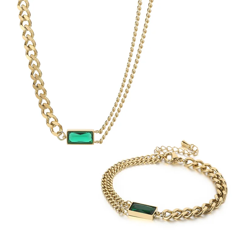 

Kalen Fashion Square Green Glass Bracelet Stainless Steel Cuban Chain Necklaces Set