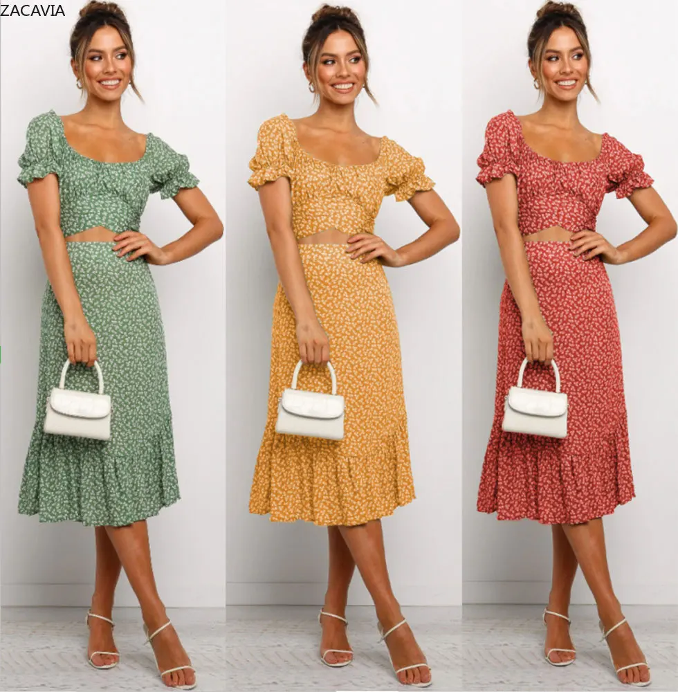 

2021 Summer Women Short Sleeve Floral Printed Dress Casual Girl Long Dress Sexy Square Collar Crop Top and Midi Dress