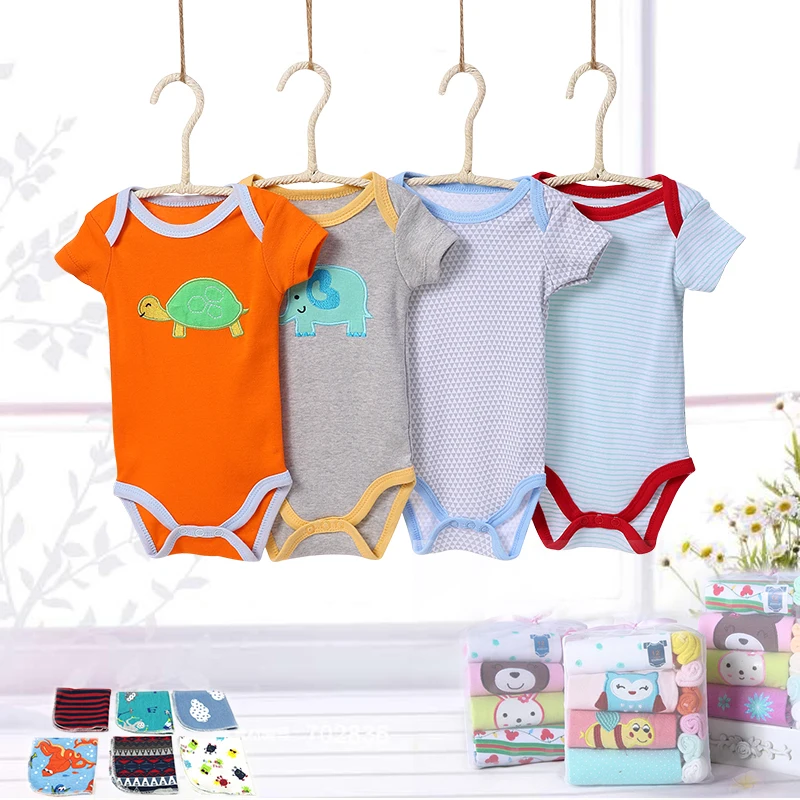 

baby clothes 4-piece printed short sleeve romper newborn infant gowns with towel, Mixed colors in same size