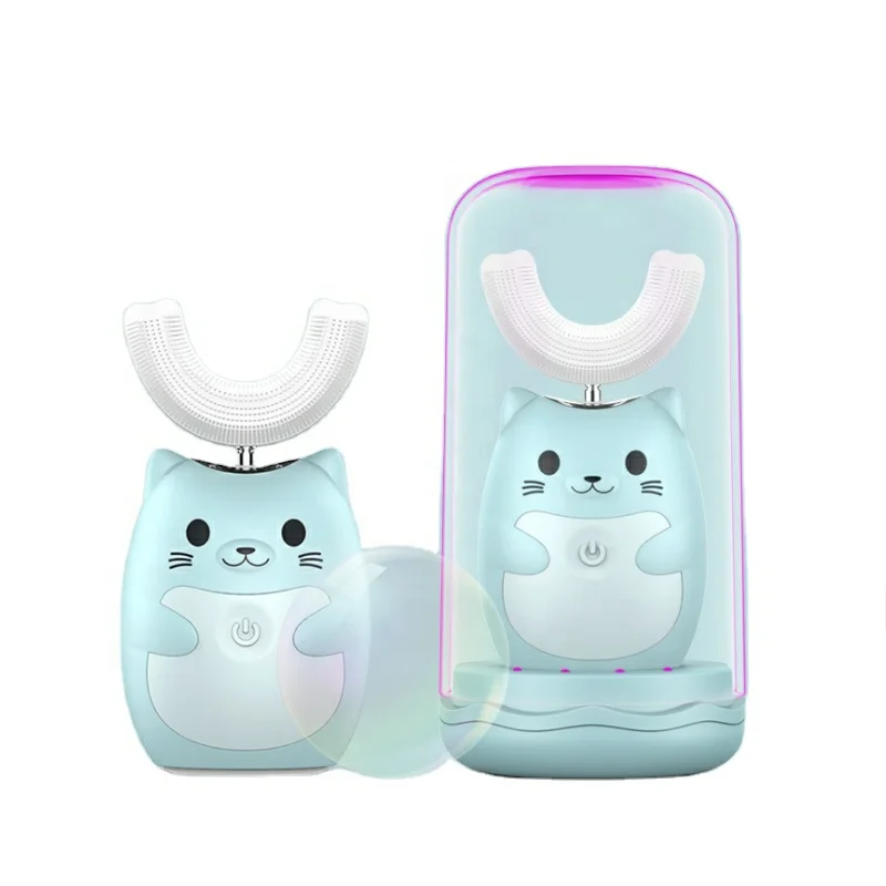 

Cute kids smart UV sterilization sonic automatic tooth brush hands free U type children's electric silicone toothbrush 360