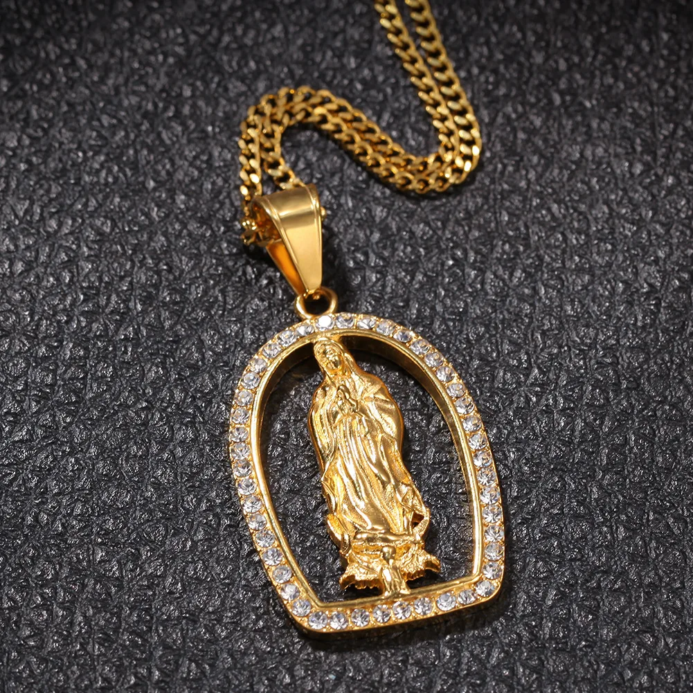 

Men Golden Bling Iced Out Rhinestone Virgin Mother Mary Pendants Necklaces Hip Hop Crystal Bless Rock religious Women Chokers, Gold/silver