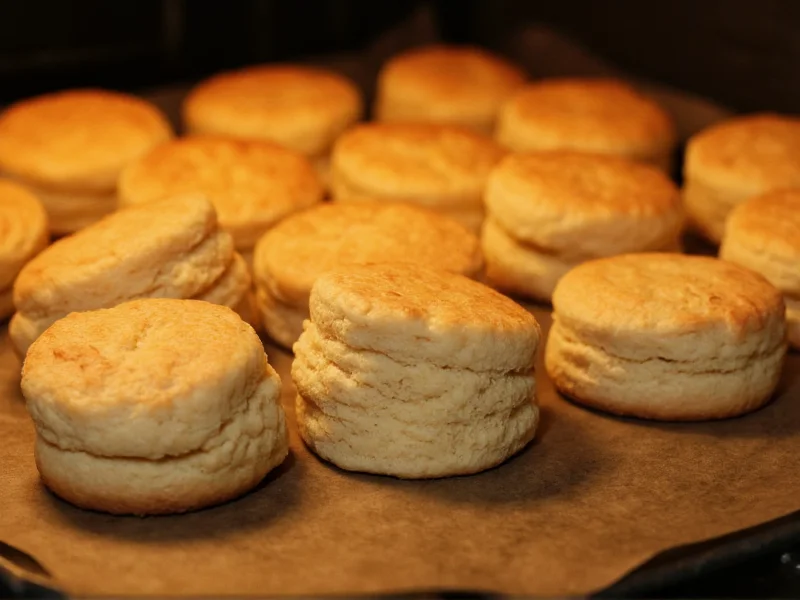 Homemade biscuits baking in oven showing golden layers