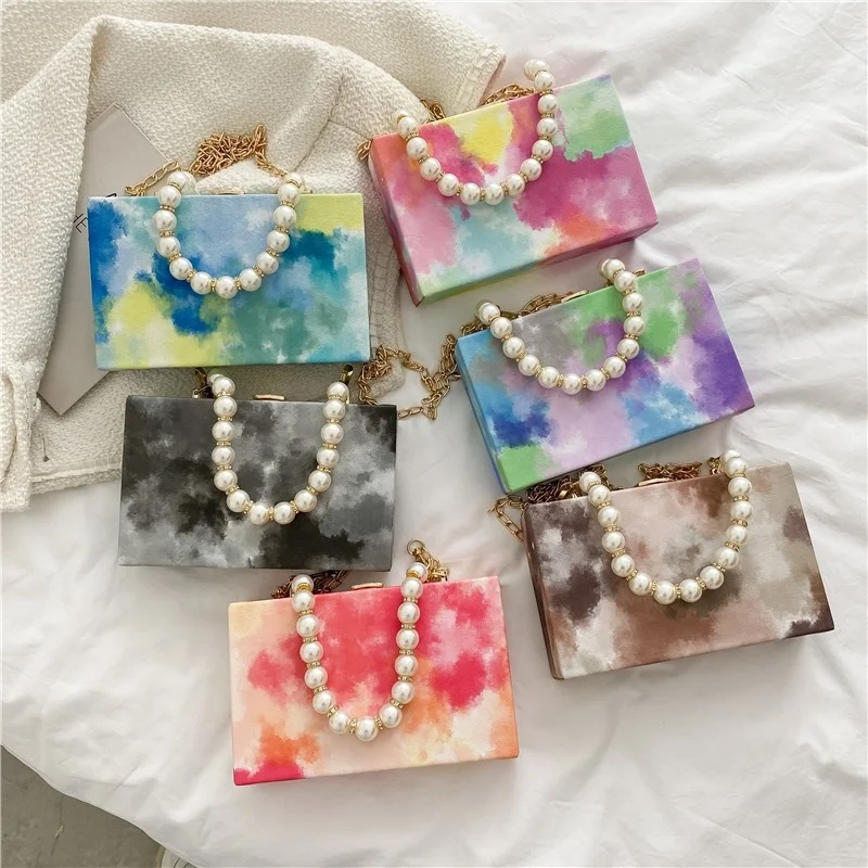 

Hot Rainbow Tie Dye Shoulder Chain Bags For Women Pearls Handle Small Square Bag