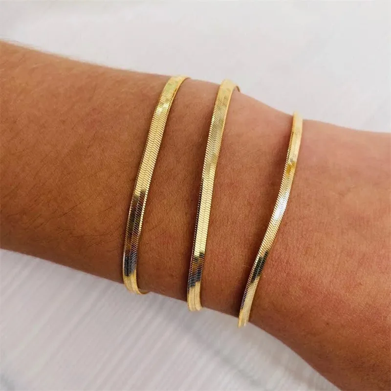 

Fashion Waterproof Jewelry Tarnish Free Stainless Steel 14K Gold Plated Thin Flat Snake Chain Bracelet For Women YF2945