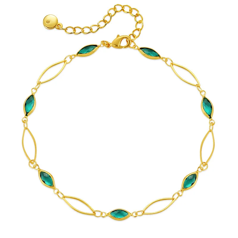 

2023 New 18K Real Gold Plated Summer Drop-shaped Green Crystal Bracelets Sweet Brass Chain Bracelets for Girls