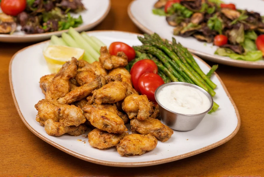 Lemon pepper wings served with side dishes of mixed greens salad and roasted asparagus on wooden table