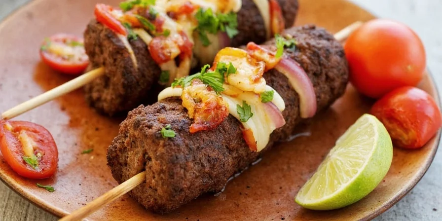A colorful platter of kofte kebabs served with pita and tahini.