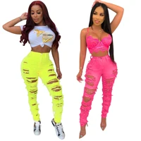 

HD2081 women new fashion pink yellow bandage scratch jeans pants