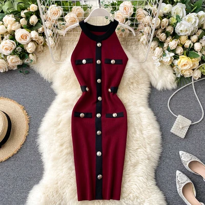 

2020 Sexy Women Halter Neck Slim Knitted Bodycon Dress