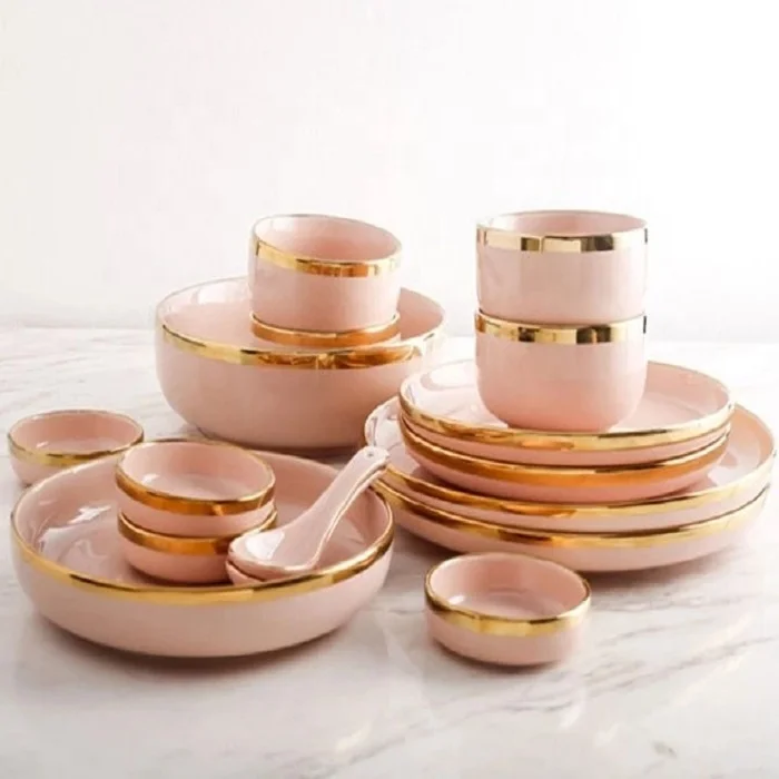 

Nordic luxury 27 pcs set for 6 people cheap dinner round gold rim ceramic dinnerware sets, Pink, dark blue, white