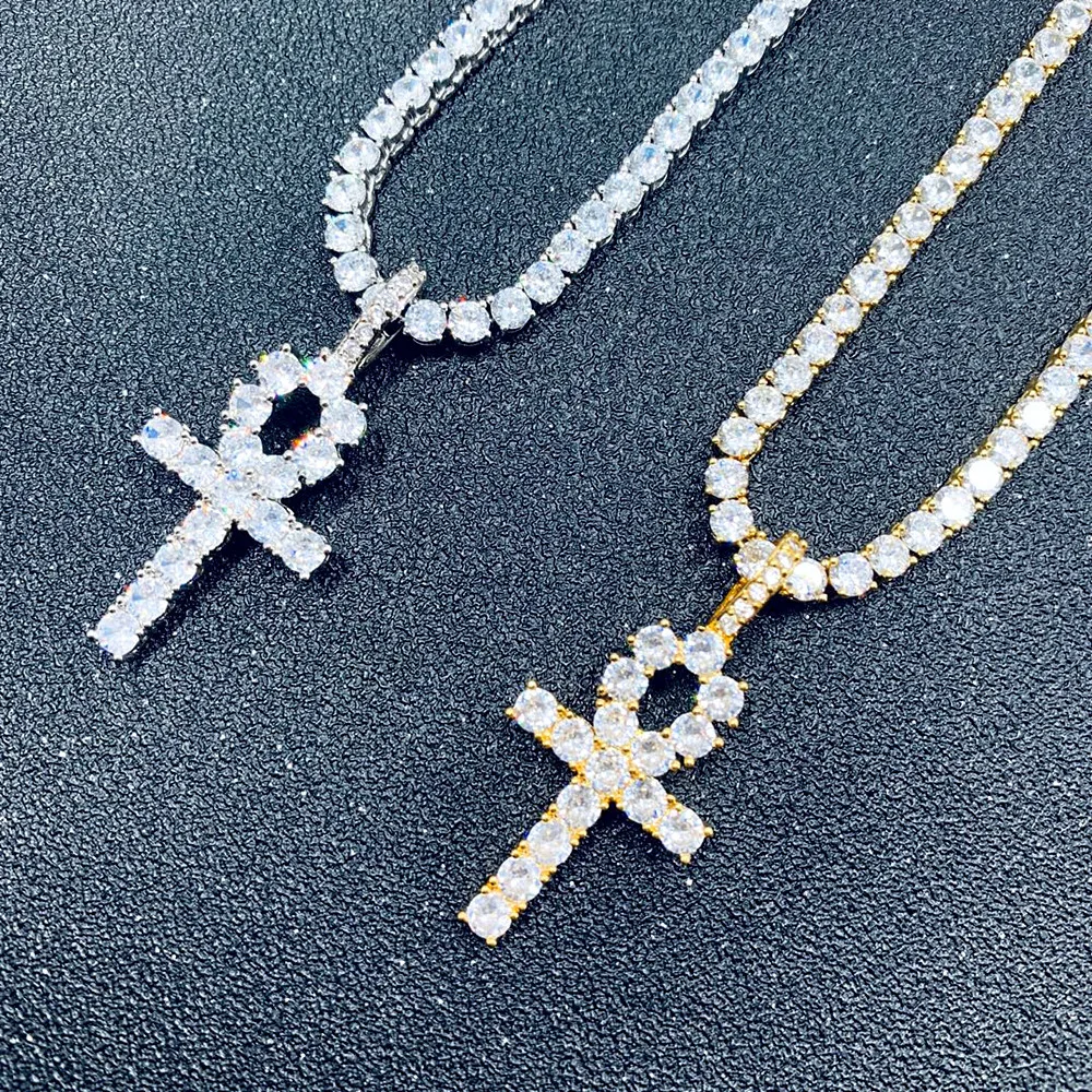 

Luxury Hips Hops Christian Jewelry 16/18/20/24inch Iced Out Bling Bling Cubic Zircon CZ Tennis Chain Ankh Cross Pendant Necklace, As picture shows