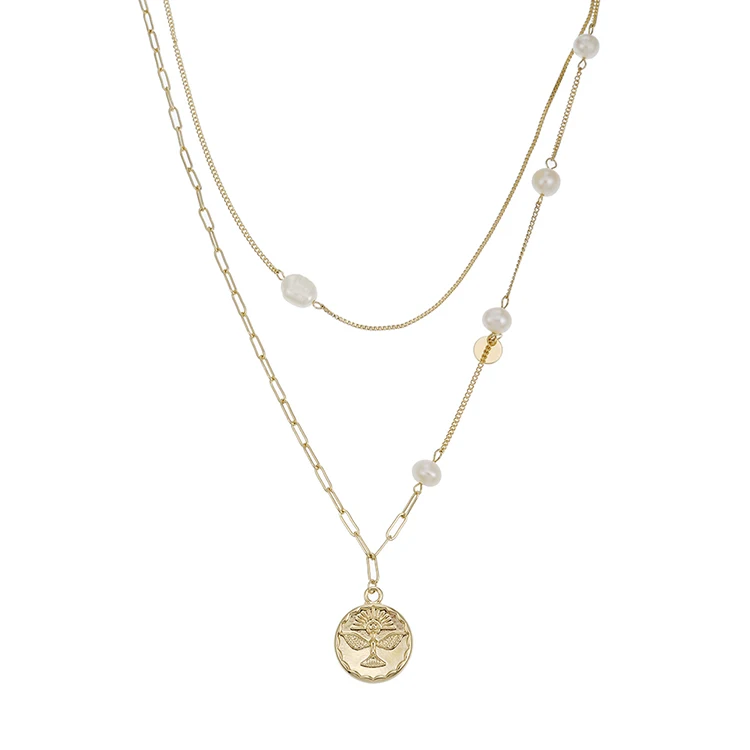 

Best Selling Fashion Freshwater Pearl Gold Retro Coin Pendant Necklace, Picture