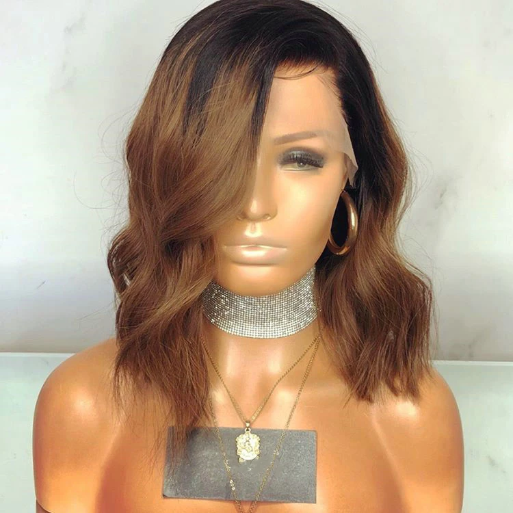 

Short Wavy Brazilian 100% Human Hair Full Lace Wig Two Tone Ombre Virgin Hair With Baby Hair Side Part