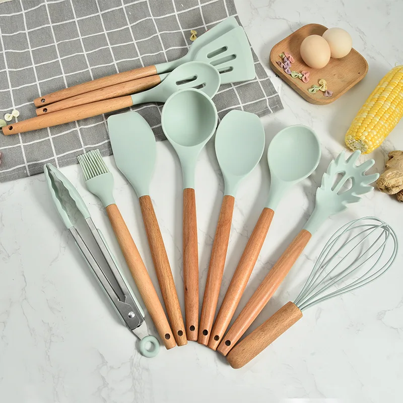 

11 Piece multifunction wood Baking cake cooking bamboo spatula kitchen silicone utensil set