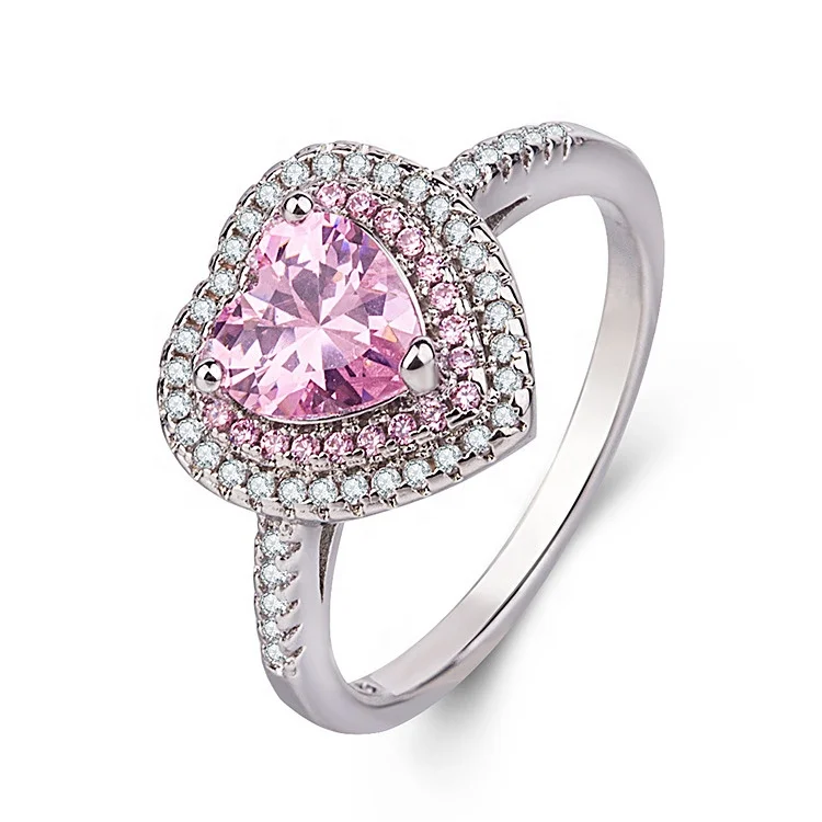 

Newest Women Jewelry Two Tone Plate Pink CZ Heart Double Halo Wedding Ring