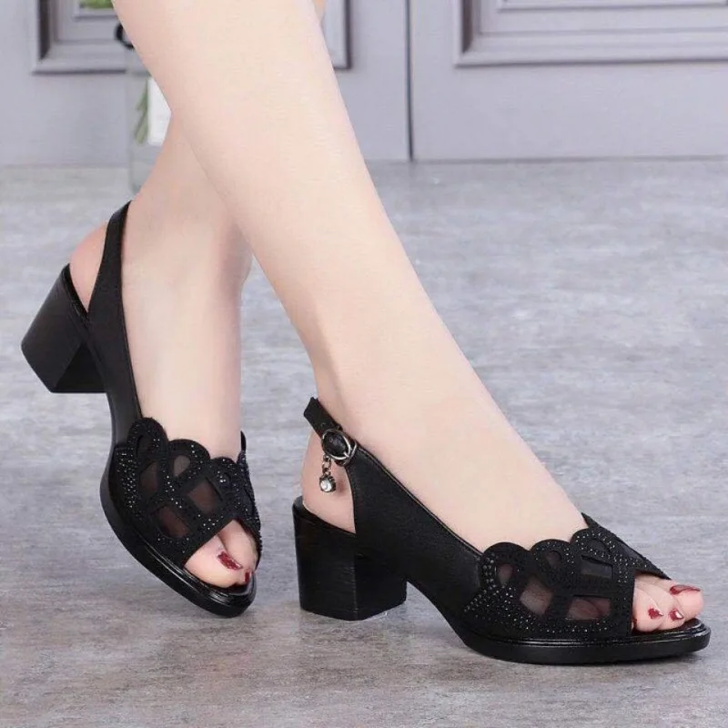 

2022 New Arrival Women Block Heel Sandal Mesh PU Patchwork Ankle Buckle Strap Thick Heels Soft Outsole Office Lady Fashion Shoes