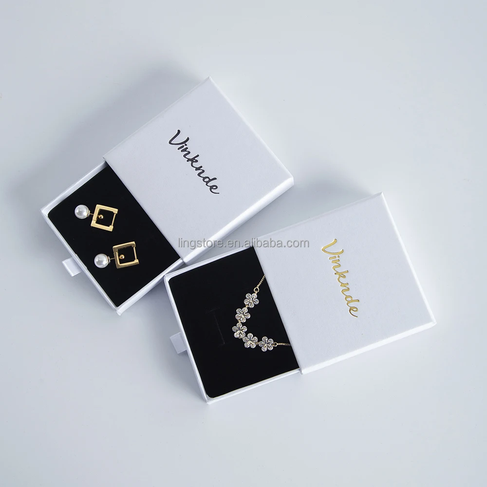 

Beautiful Hot Stamping Logo Custom Cardboard Jewelry Gift Earrings Display Packaging Drawer Box Thin Jewelry Set Box