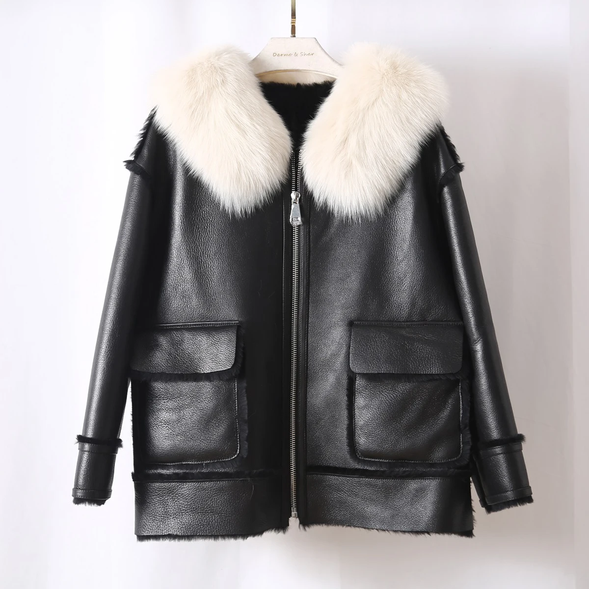 

OFTBUY 2021 Double-faced Merino Sheep Fur Genuine Leather Coat Real Natural Fox Fur Collar Winter Jacket Women Warm Outerwear