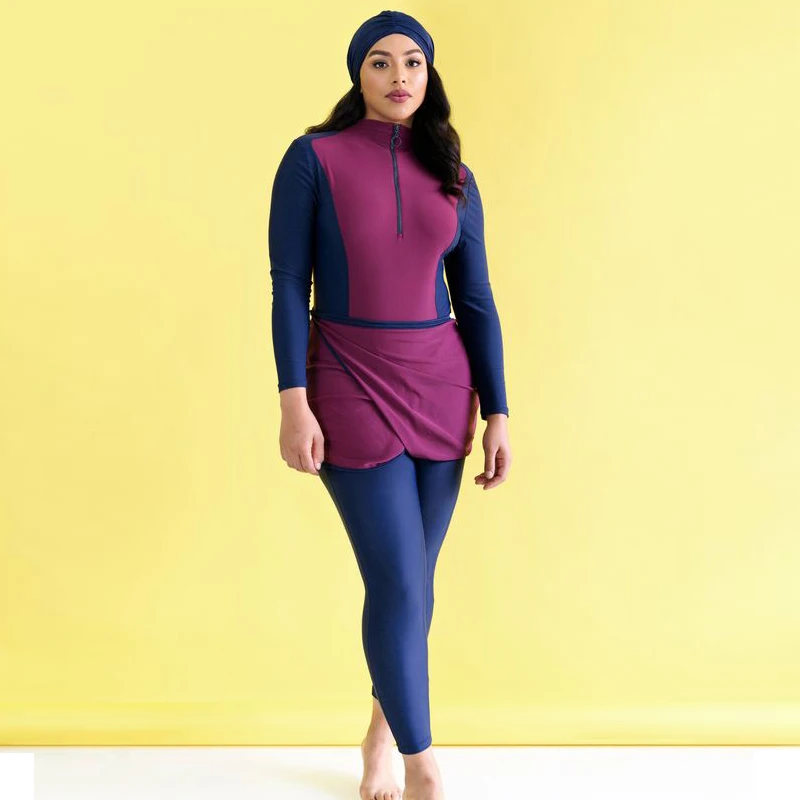 

Muslim Swimwear Women Modest Patchwork Hijab Long Sleeves Sport Swimsuit 3pcs Islamic Burkinis Wear Bathing Suit