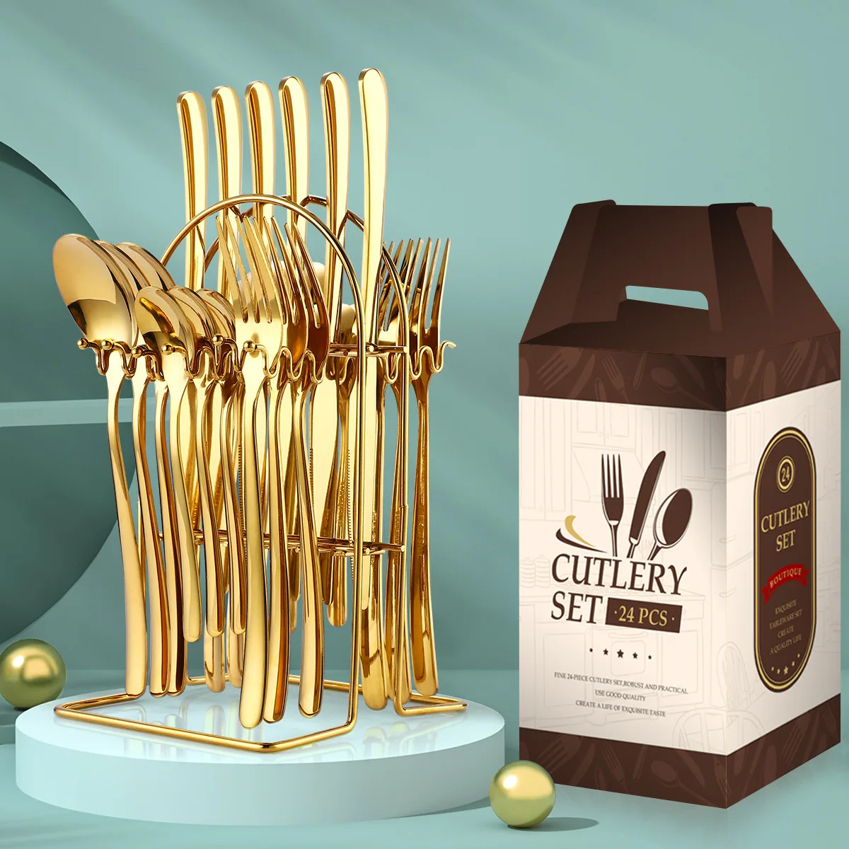 

Factory price forks spoon and knife 24 set spoon knife and fork cutlery set stainless fork and knife with stand, 12 colors
