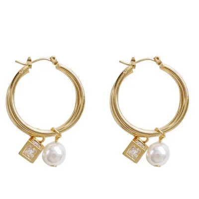 

Hot Sale Personality Gold Plated Pearl earrings Pendent Minimalist Dainty geometric Diamond CZ Hoop earrings For Women Jewelry, As picture ,many color