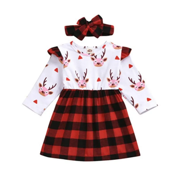 

Boutique Hot Sale Long Sleeve Ruffle Winter Reindeer Grid Pattern Christmas Girl Dress babi girl dress wholesale, Picture