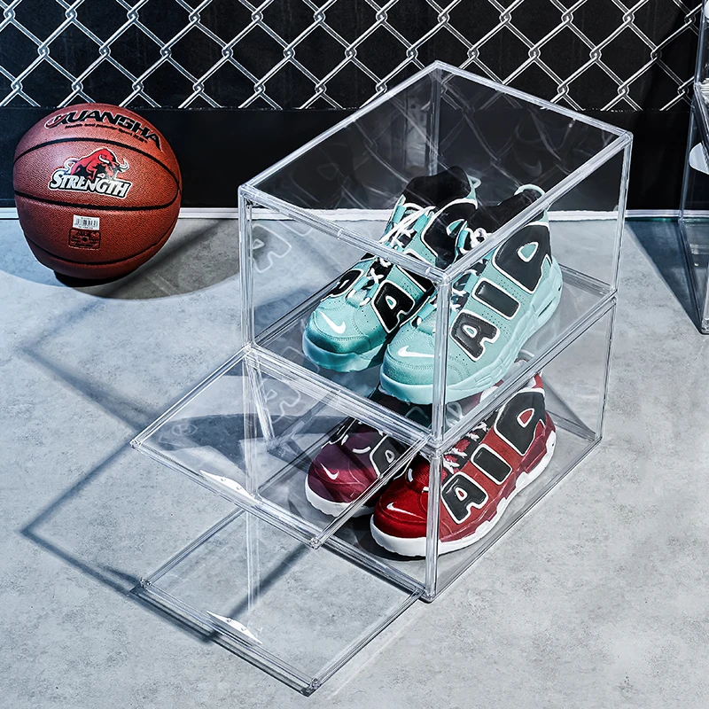 

Clear Acrylic Custom Logo OEM Giant Sneakers Plastic Sneaker Display Magnetic Stackable Transparent Shoe Box Stackable Plastic