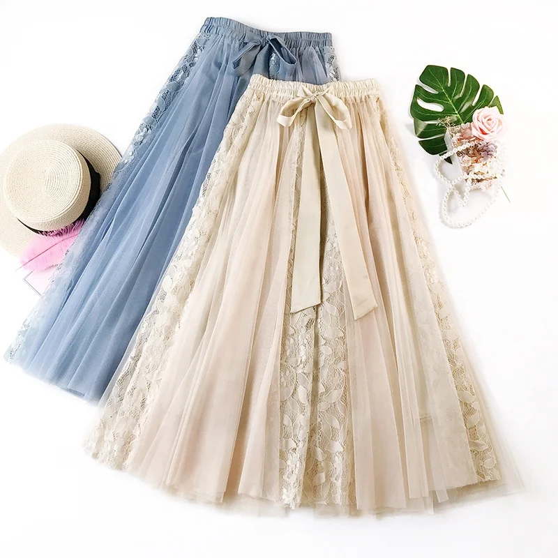 

Fashion Style Midi Tutu Skirts for Ladies Lace Tulle Long Skirts With Bow Elastic Waist Casual Summer Mesh A Line Women Skirts
