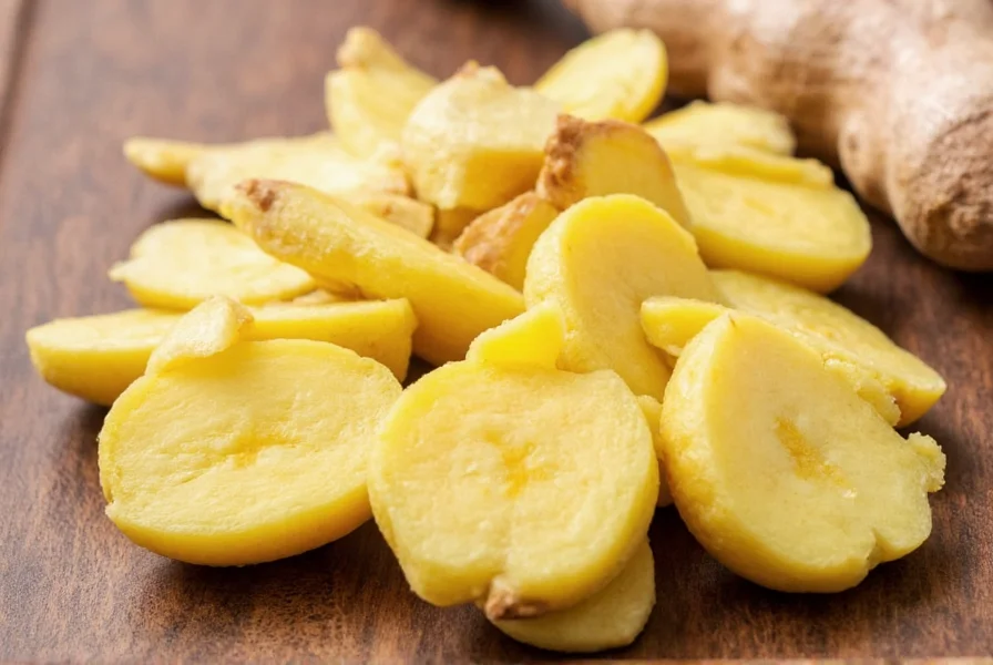 Chef demonstrating proper technique for peeling and slicing Thai ginger using a spoon for peeling and a sharp knife for thin slicing