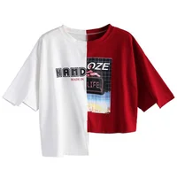 

Women's Oversize Letter Graphic Contrast Asymmetric Unique Tee Shirts- Red With White