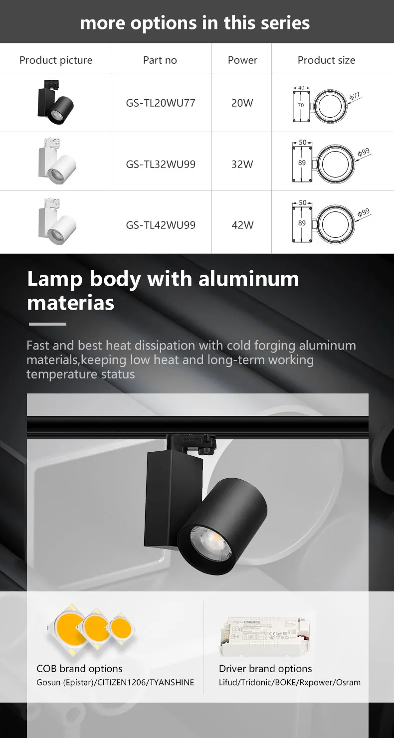 High CRI90 3 phase track lighting system 20W/32W/42W COB LED rail  track light for Europe market