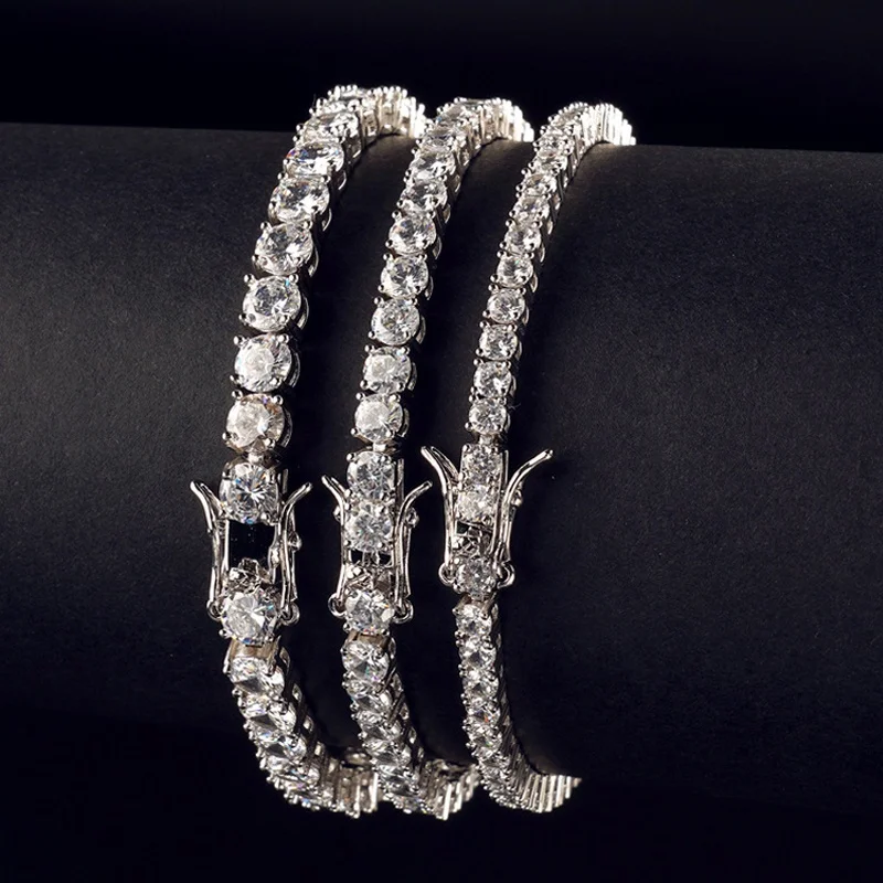 

3-5Mm 7-8 Inch Silver Gold Plated Iced Out Cz Diamond Tennis Hip Hop Bracelet, Gold,silver color