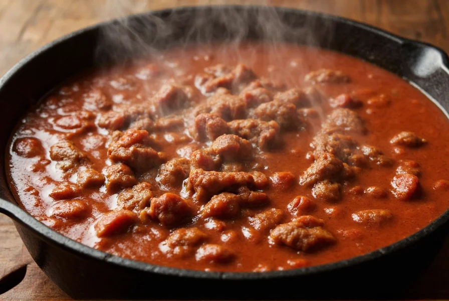Texas-style chili con carne in cast iron pot with steam rising, showing tender beef chunks and rich red sauce
