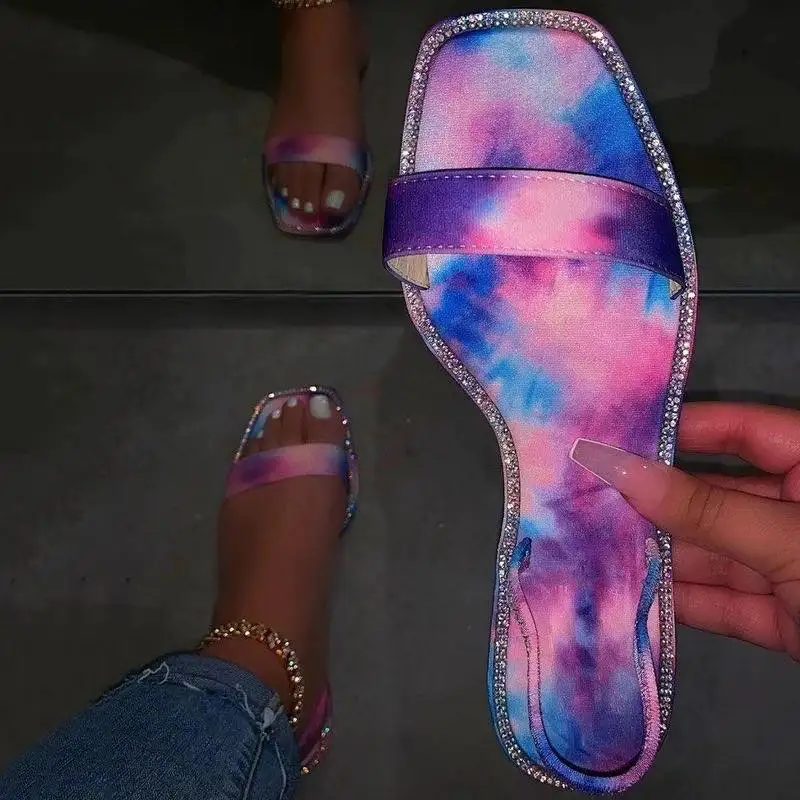 

W&A 2020 summer fashion slides slippers women tie dye flat rhinestone strap sandals outdoor casual footwear plus size