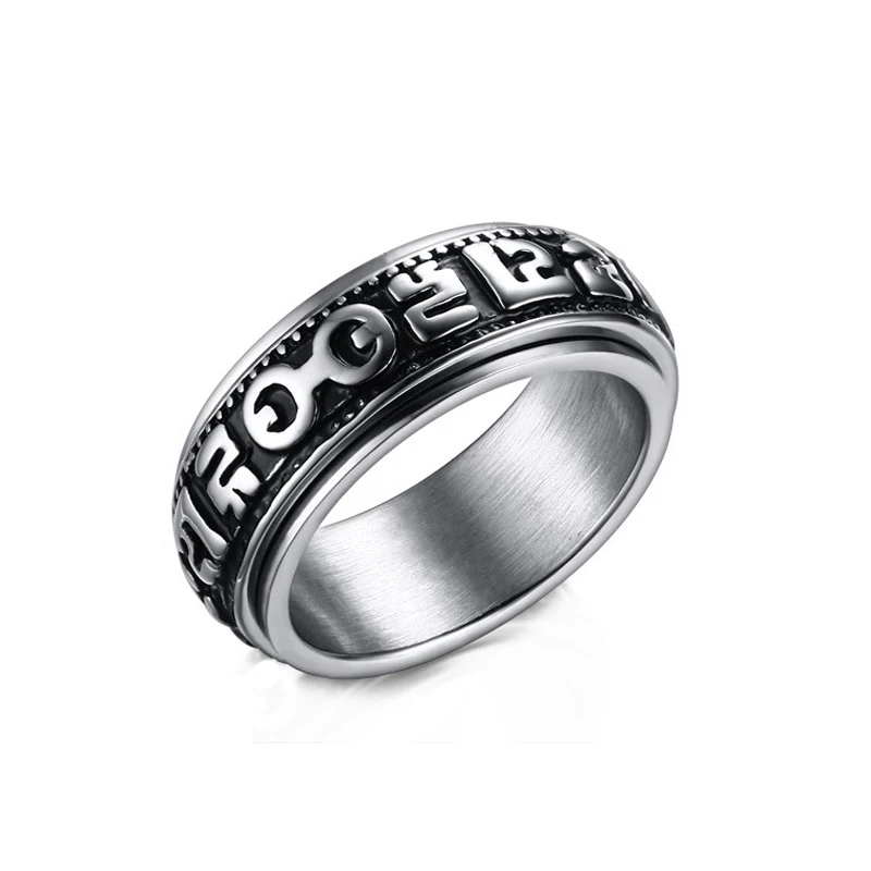 

stainless steel ring Ruigang 2021 Wholesale 8mm Retro Om Mani Padme Hum Stainless Steel Ring For Men, Antique silver