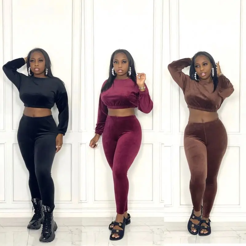 

Hot sale crop top fall women 2 piece set fleece two piece fashion pants set women