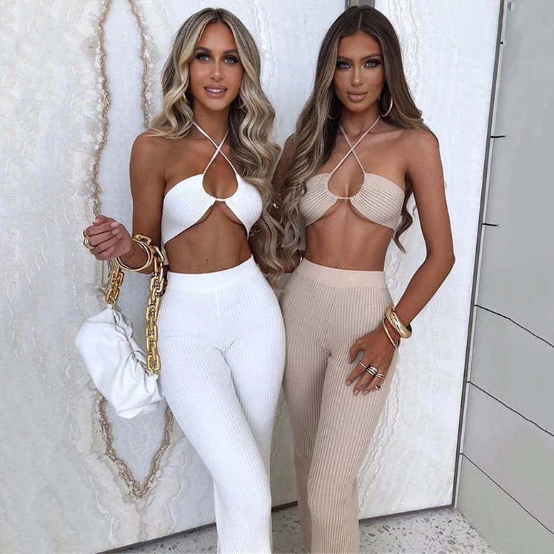 

Casual Suit Crop Top 2 Piece Set Tube Top Drawstring Halter High Waist Ribbed Trousers Women Two Piece Pants Set Sexy, Customized color