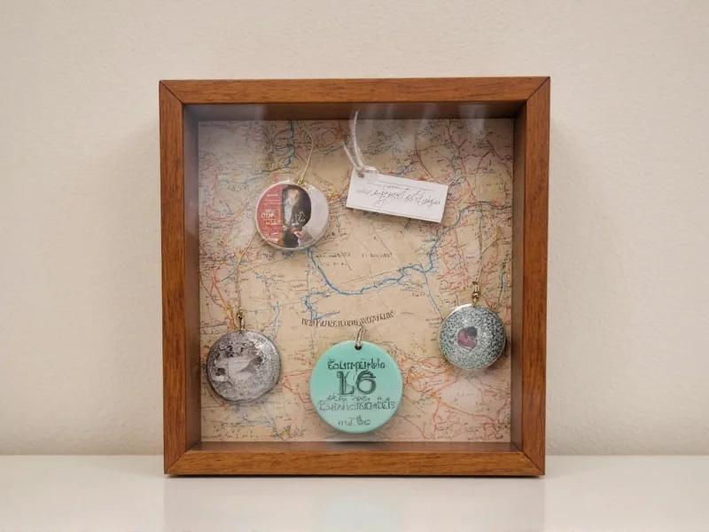 Small wooden shadow box with travel mementos