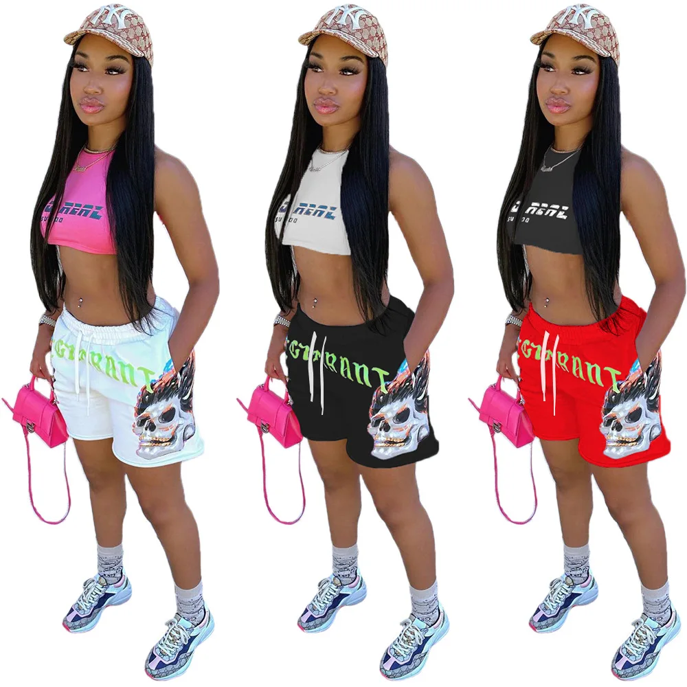 

2 Piece Short Set Graffiti Printing Streetwear Sleeveless Vest Tube Top And Biker Shorts Set Women's Summer Two Piece Pants Sets, Picture