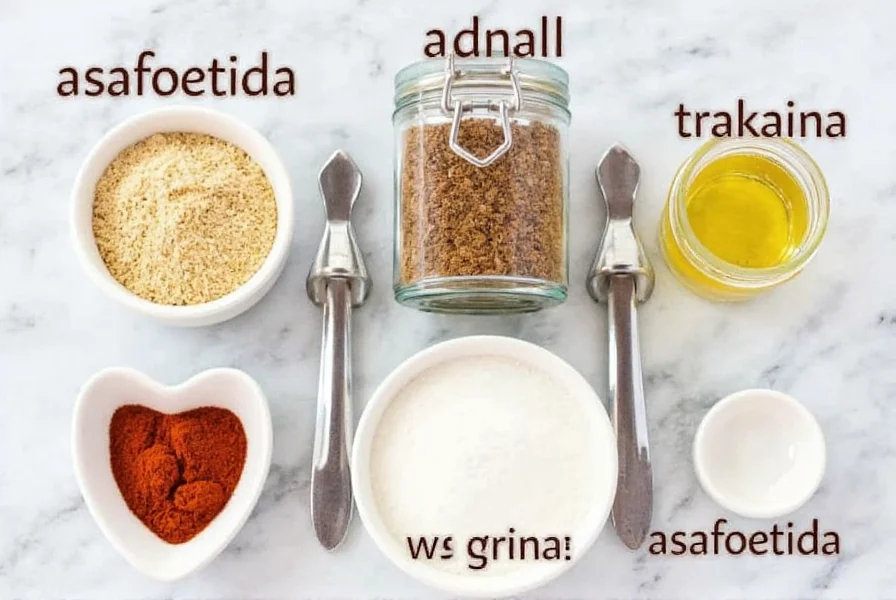 Indian cooking ingredients arranged for asafoetida substitution with labeled spice jars and measurement spoons