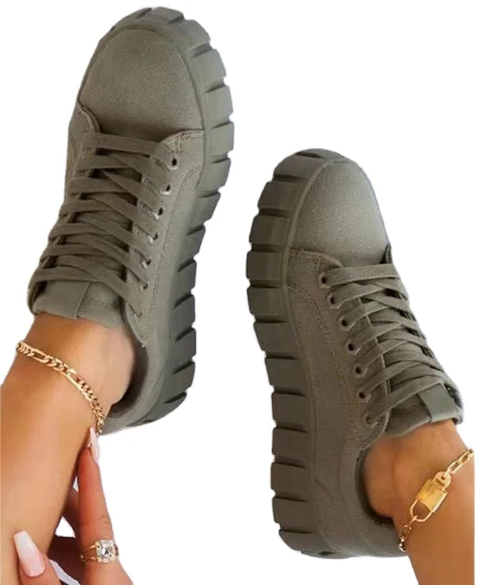 

2021 hot sale new ladies round toe platform lace-up canvas shoes large size white shoes single women shoes