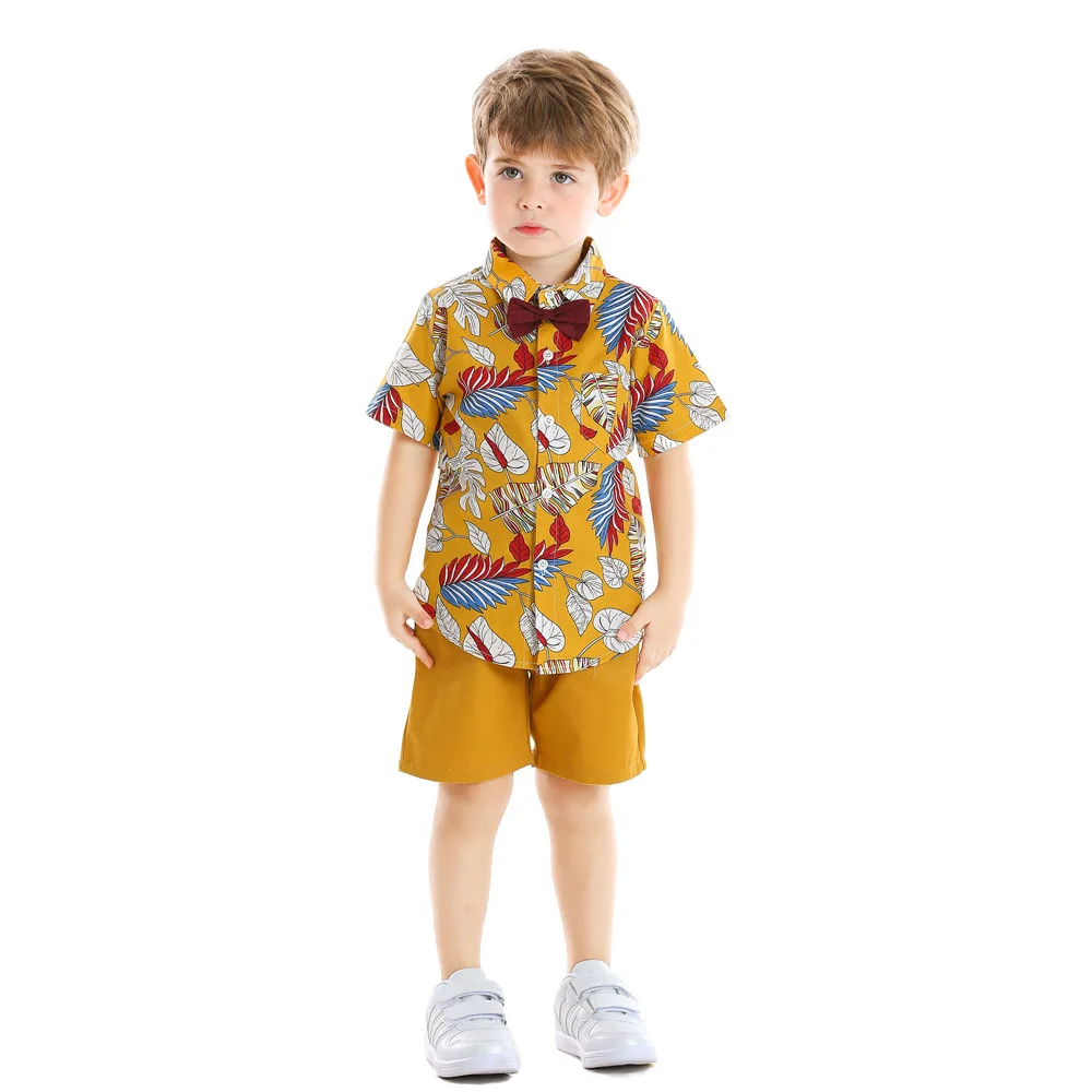 

Kids Printed tshirts Dress Hawaii Stylish Yellow Cotton Men Beach Shorts Set