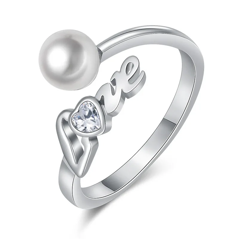 

Letter And Heart Shaped Diamond Pearl Jewelry Fashion Women Love Ring, White, rose gold