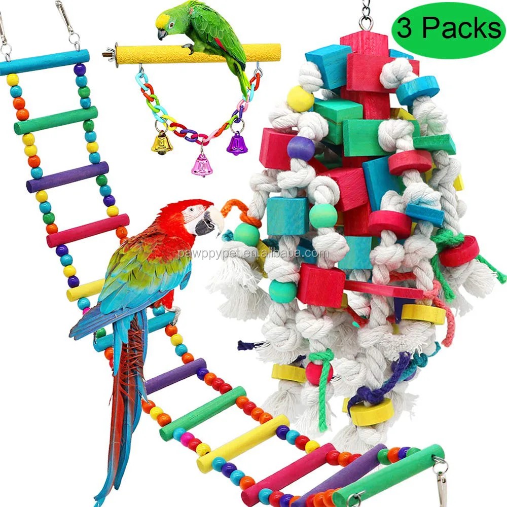 Natural Wooden Block Beads Hanging Bell Toy Bird Stand Swing for Parakeet Macaw African Grey Cockatoo Lovebird Finch Parrot Chew Toy