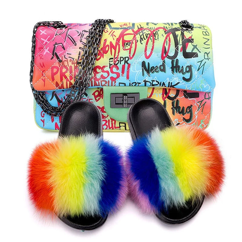 

Indoor House Use Fluffy Real Fox Fur Slippers with Matching Graffiti Bag Set