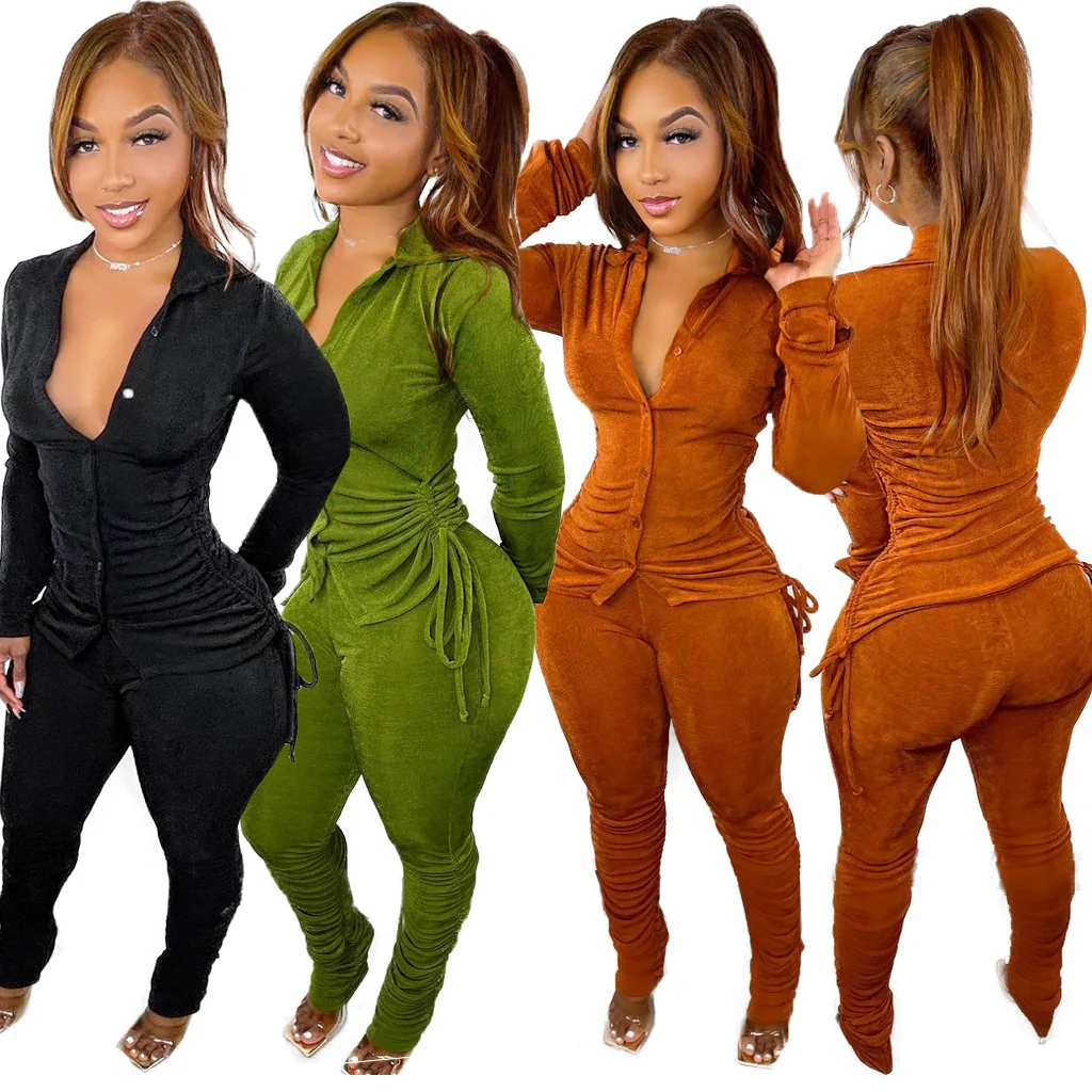 

G1012091 Ladies Tight Suit Long Sleeve Drawstring Button Top + Pile Pants Set 2-piece Set