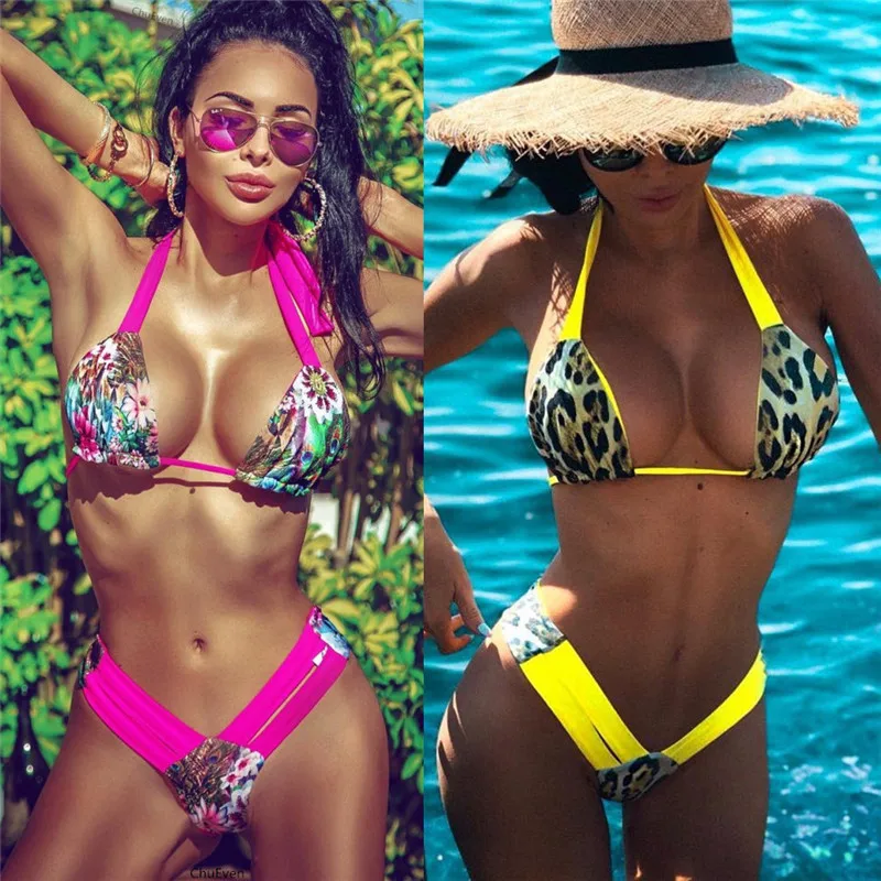 

A5027 Wholesale Pink Yellow Halter Collar Pattern Sexy Bikinis Woman Swimwear 2 Piece Set