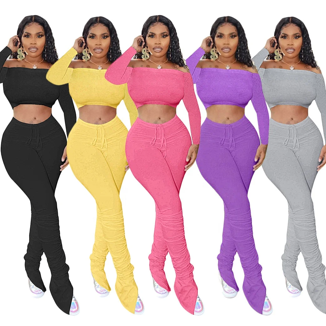 

2021 New ribbed sweatpants women joggers ruched stacked pants leggings set for women